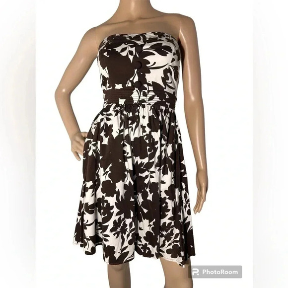 B.Smart Strapless Brown&White Floral Dress 1/2 Zip,Belted Size 6 EUC! - Picture 1 of 11